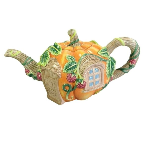 Fitz and Floyd Teapot‎ Its Harvest Time Embossed Handpainted Pumpkin House READ - Picture 1 of 12